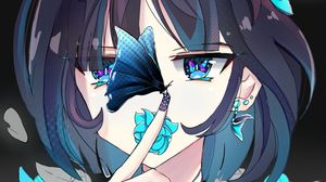Превью обои девушка, взгляд, бабочки, аниме, арт, синий