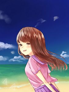 Превью обои девушка, взгляд, море, пляж, аниме