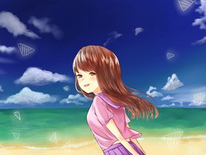 Превью обои девушка, взгляд, море, пляж, аниме