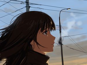 Превью обои девушка, взгляд, небо, сумерки, аниме