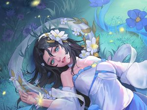 Превью обои девушка, взгляд, поле, цветы, аниме, арт