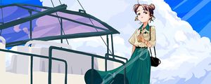 Превью обои девушка, взгляд, пристань, море, аниме, арт