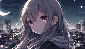 Превью обои девушка, взгляд, шарф, снежинки, аниме, арт