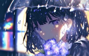 Превью обои девушка, взгляд, цветы, дождь, аниме