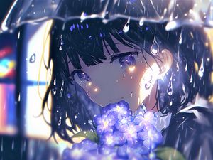 Превью обои девушка, взгляд, цветы, дождь, аниме