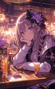 Превью обои девушка, взгляд, украшения, кафе, напиток, аниме