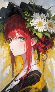 Превью обои девушка, взгляд, венок, цветы, арт, аниме