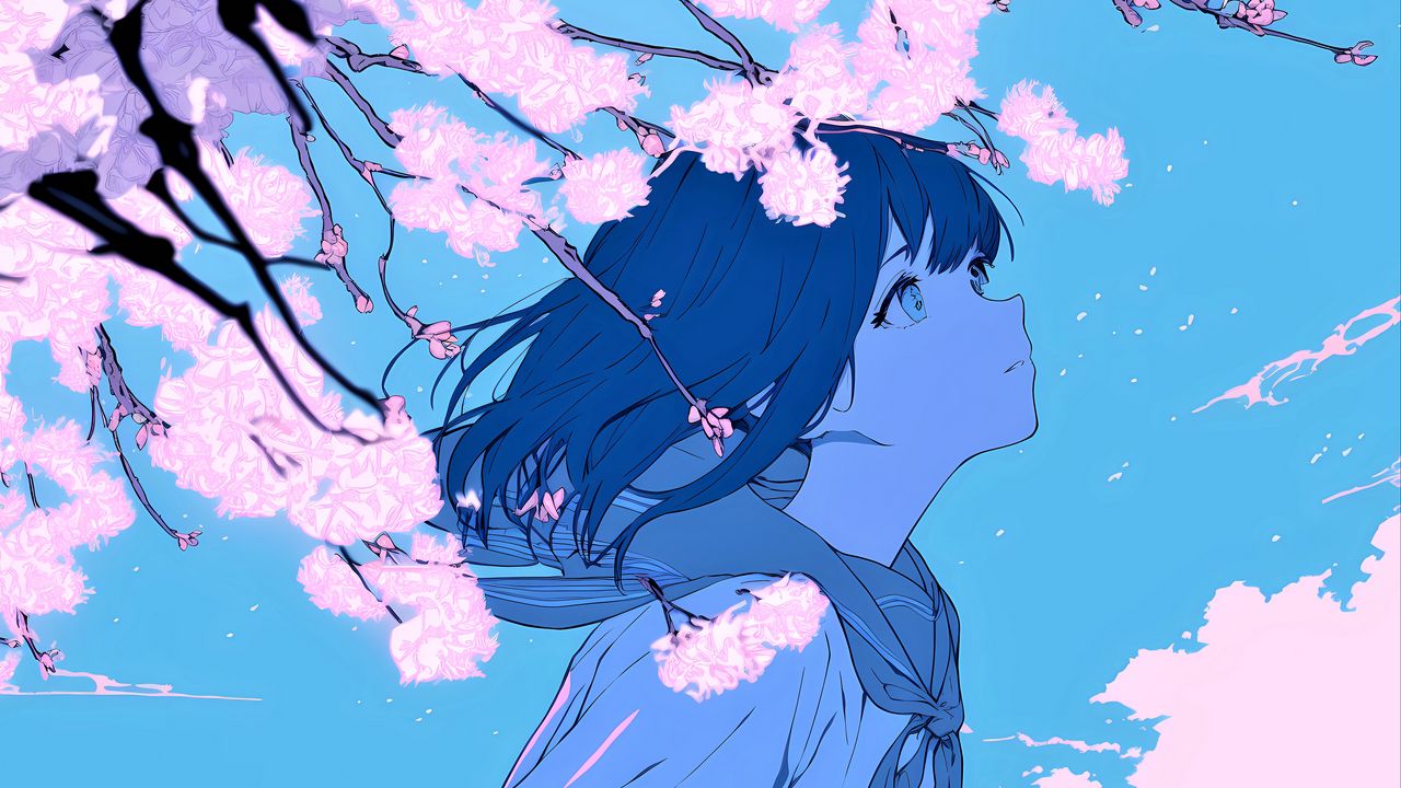 Обои девушка, взгляд, ветер, цветы, синий, аниме