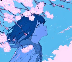 Превью обои девушка, взгляд, ветер, цветы, синий, аниме