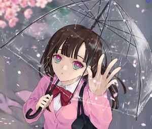 Превью обои девушка, взгляд, зонтик, дождь, аниме