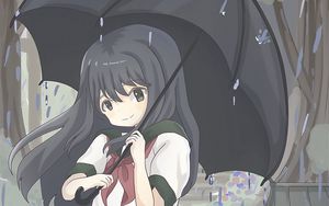Превью обои девушка, взгляд, зонтик, дождь, аниме, арт
