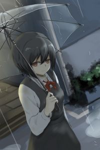 Превью обои девушка, взгляд, зонтик, дождь, аниме, арт, мрачный