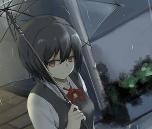 Превью обои девушка, взгляд, зонтик, дождь, аниме, арт, мрачный