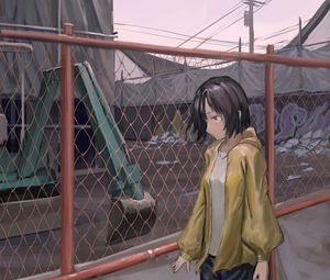 Превью обои девушка, забор, сетка, аниме, арт
