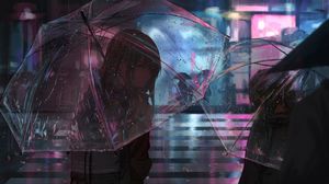 Превью обои девушка, зонт, аниме, дождь, улица, ночь