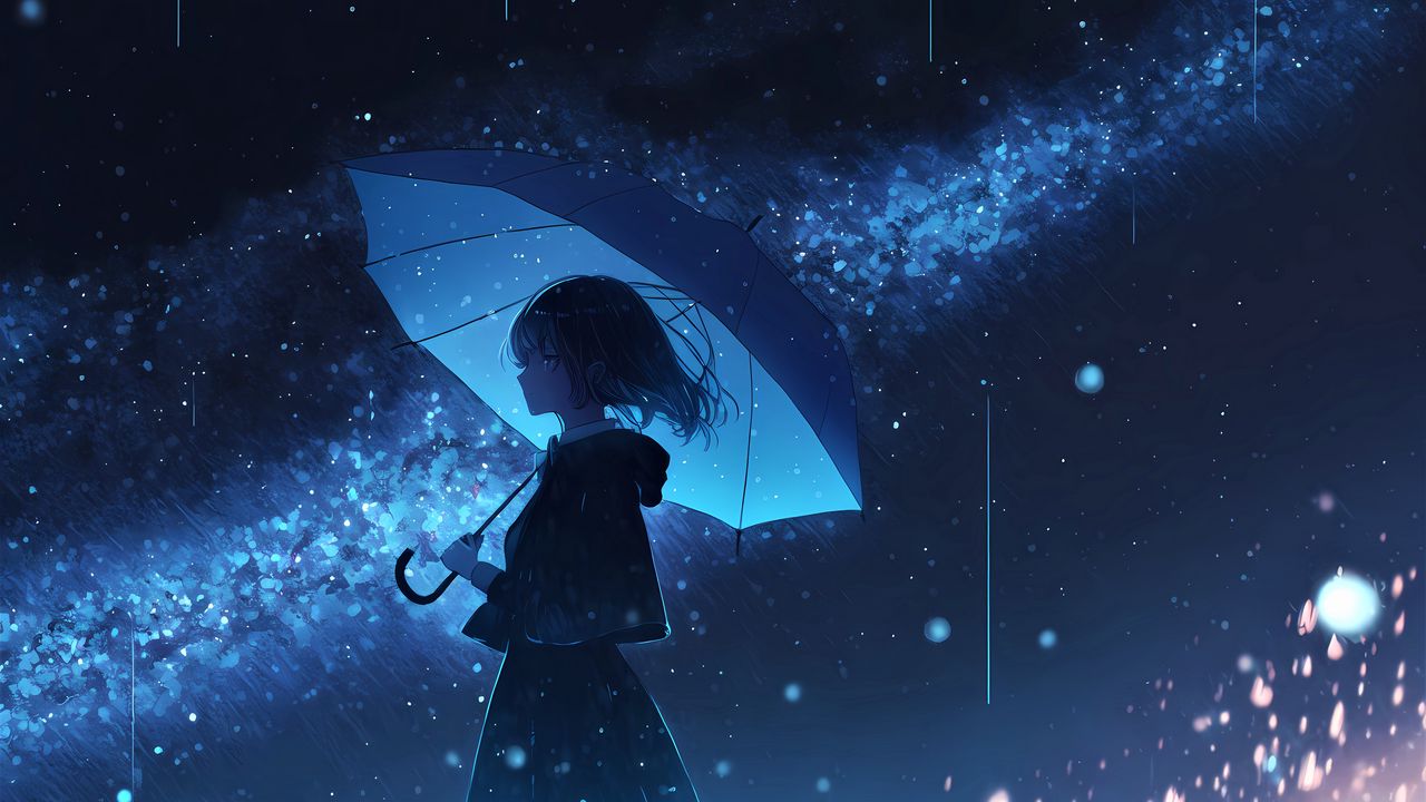Обои девушка, зонт, дождь, аниме, синий