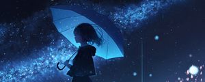 Превью обои девушка, зонт, дождь, аниме, синий