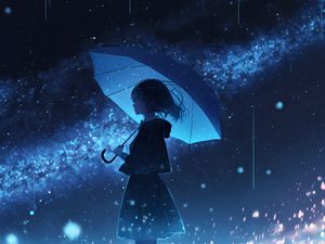 Превью обои девушка, зонт, дождь, аниме, синий