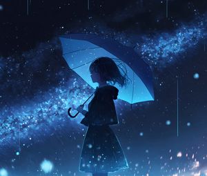 Превью обои девушка, зонт, дождь, аниме, синий