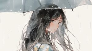 Превью обои девушка, зонт, дождь, акварель, аниме