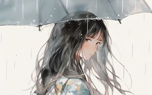 Превью обои девушка, зонт, дождь, акварель, аниме