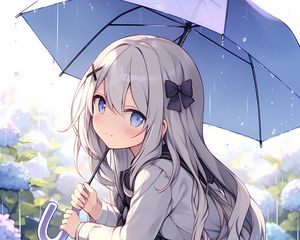 Превью обои девушка, зонт, дождь, грусть, аниме
