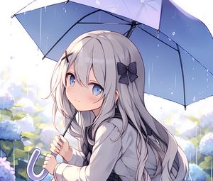 Превью обои девушка, зонт, дождь, грусть, аниме