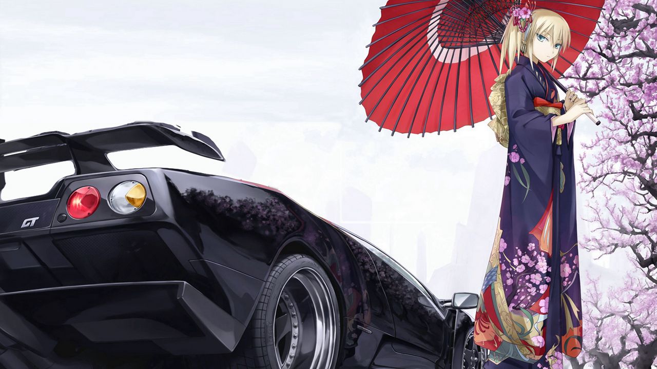 Обои девушка, зонт, кимоно, сакура, машина, классика
