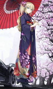 Превью обои девушка, зонт, кимоно, сакура, машина, классика