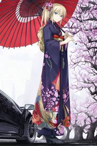 Превью обои девушка, зонт, кимоно, сакура, машина, классика