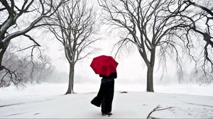 Превью обои девушка, зонт, сакура, снег, япония