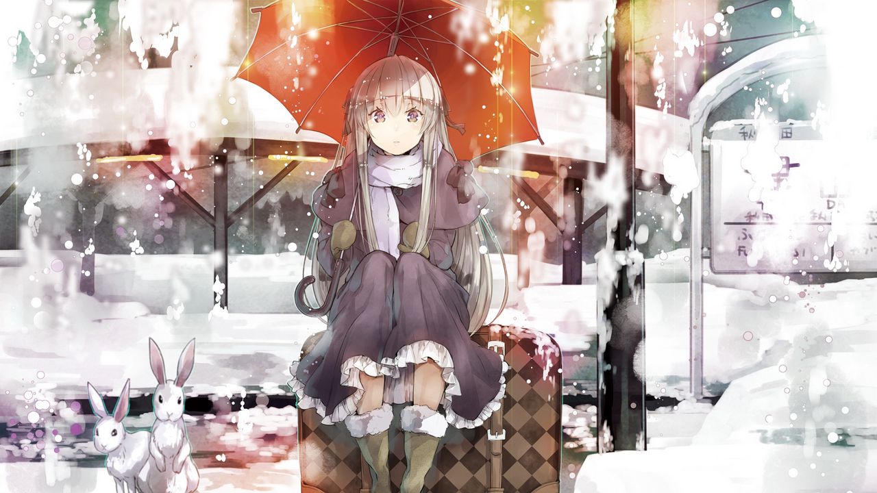 Обои девушка, зонт, снег, заяц