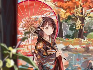 Превью обои девушка, зонтик, аниме, кимоно, сад, осень