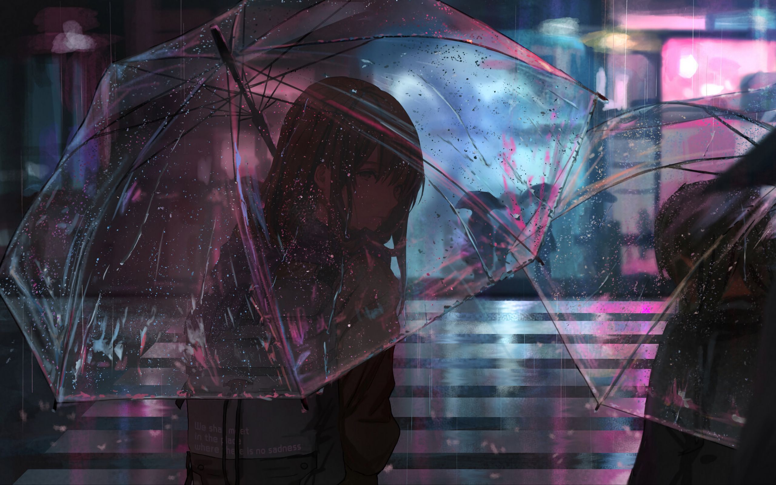 2560x1600 Обои девушка, зонт, аниме, дождь, улица, ночь