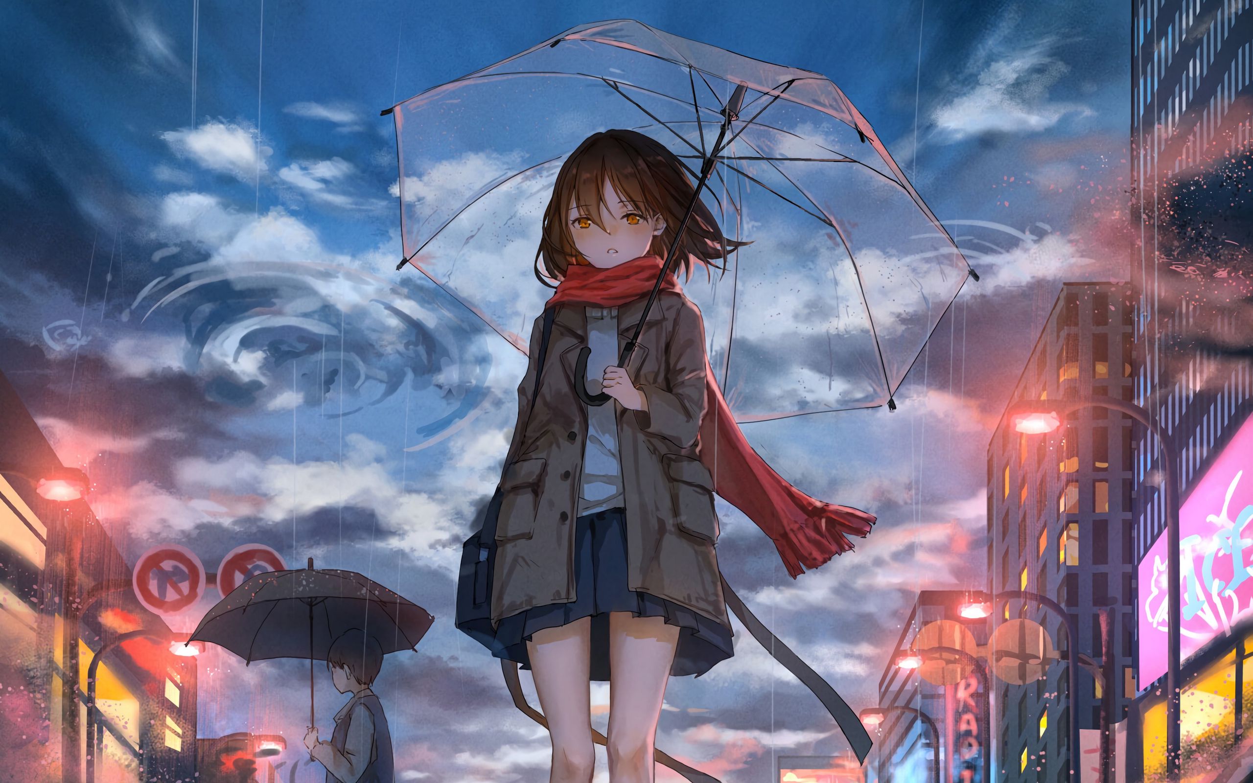 2560x1600 Обои девушка, зонт, аниме, дождь, грусть