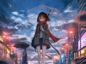 Превью обои девушка, зонт, аниме, дождь, грусть