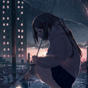 Превью обои девушка, зонтик, дождь, грусть, аниме