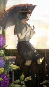 Превью обои девушка, зонтик, дождь, сад, аниме, арт