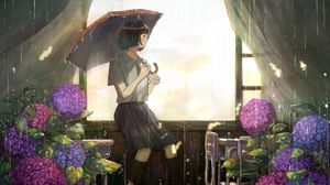 Превью обои девушка, зонтик, дождь, сад, аниме, арт