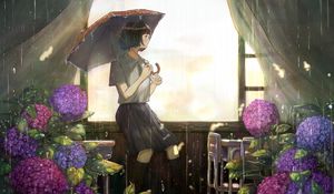 Превью обои девушка, зонтик, дождь, сад, аниме, арт