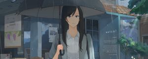 Превью обои девушка, зонтик, дождь, рубашка, аниме