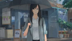 Превью обои девушка, зонтик, дождь, рубашка, аниме
