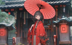 Превью обои девушка, зонтик, кимоно, красный, аниме