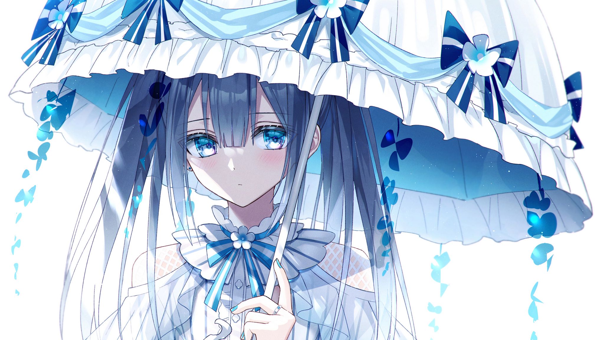 Аниме девочка с зонтиком и синими волосами