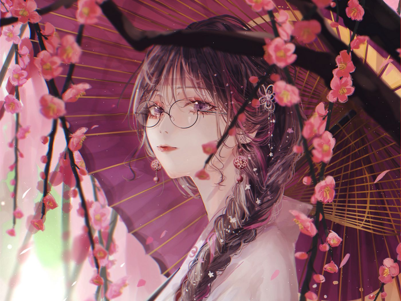 Девушка в кимоно с зонтиком аниме