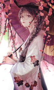 Превью обои девушка, зонтик, сакура, кимоно, очки, аниме
