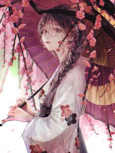 Превью обои девушка, зонтик, сакура, кимоно, очки, аниме