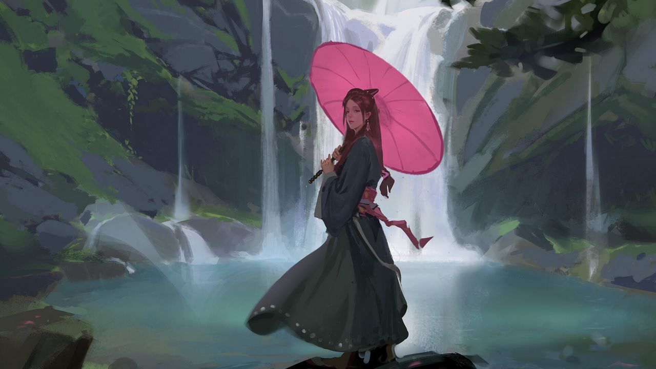 Обои девушка, зонтик, водопад, арт, япония