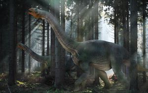 Превью обои динозавр, мезозойская эра, прогулка, лес