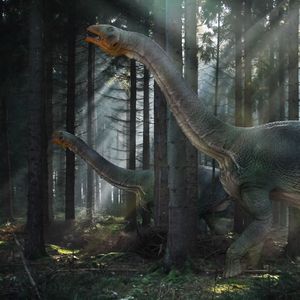 Превью обои динозавр, мезозойская эра, прогулка, лес